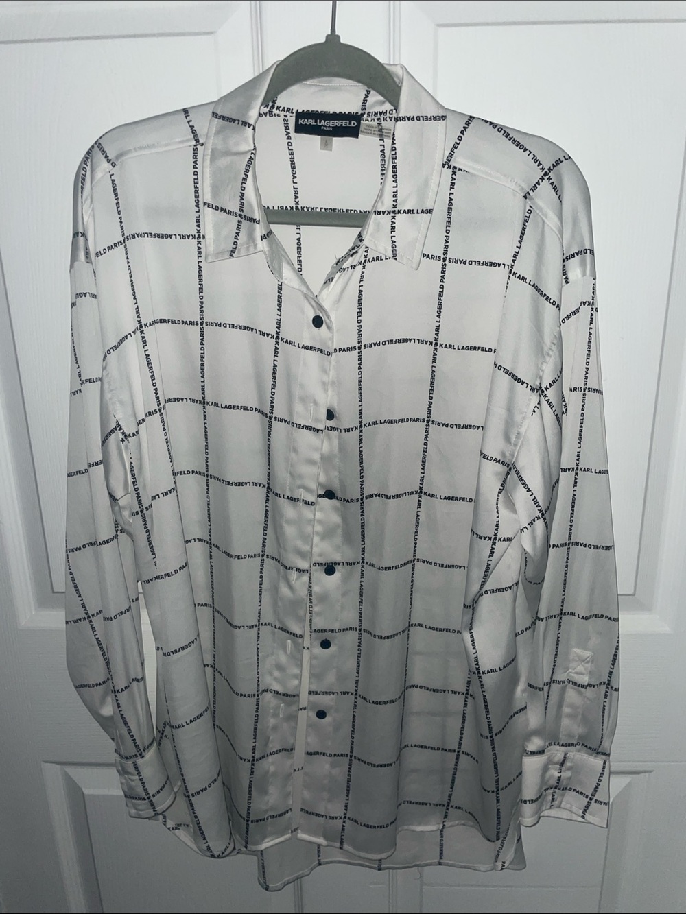 Karl Lagerfeld White Button-Up Shirt with Black Windowpane Logo Grid